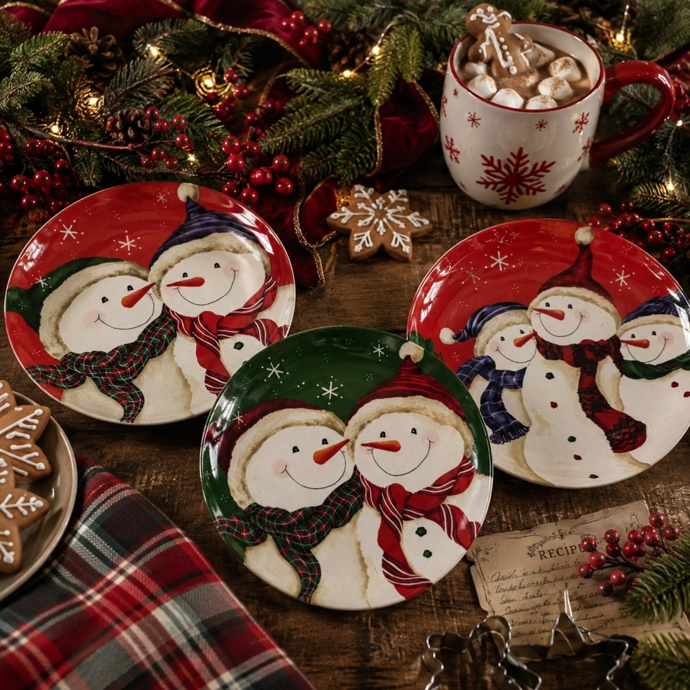 Set of 3 Vintage Snowman Christmas Salad Dessert Plates Holiday Table Decor
